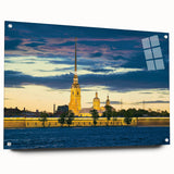 Acrylic print of a large abstract depiction of the Saint Petersburg skyline in muted blues and grays.