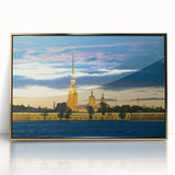 Art deco poster of Saint Petersburg scenery in gold acrylic frame, suitable for modern nursery wall art.