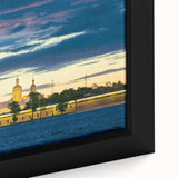 Extra large framed canvas of a textured, colorful depiction of a European cityscape in black, ideal for living room decor.