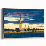 Landscape art painting of St. Petersburg with colorful buildings and black sky on framed canvas, ideal for living room decor.