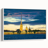 Vintage poster art of a colorful St. Petersburg scenery on a large framed canvas, ideal for living room decor.