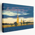 Side view of a stretched canvas featuring a scenic European cityscape with muted earth tones, ideal for kitchen wall art.