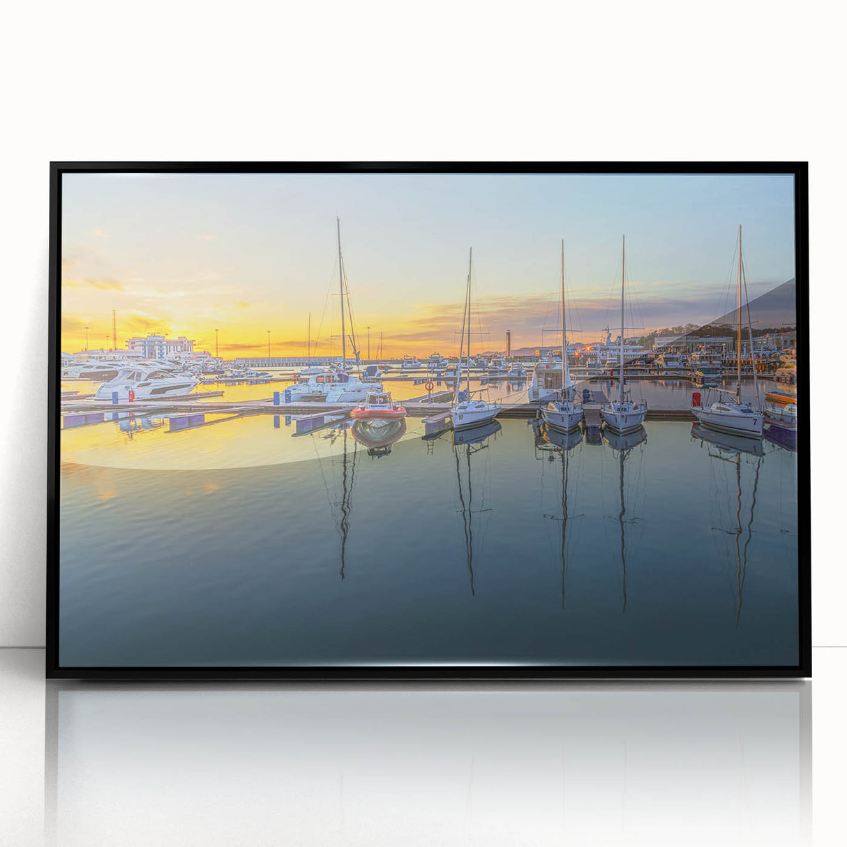 Large abstract wall art of Sochi scenery in mid-century modernist style, acrylic print in black frame.