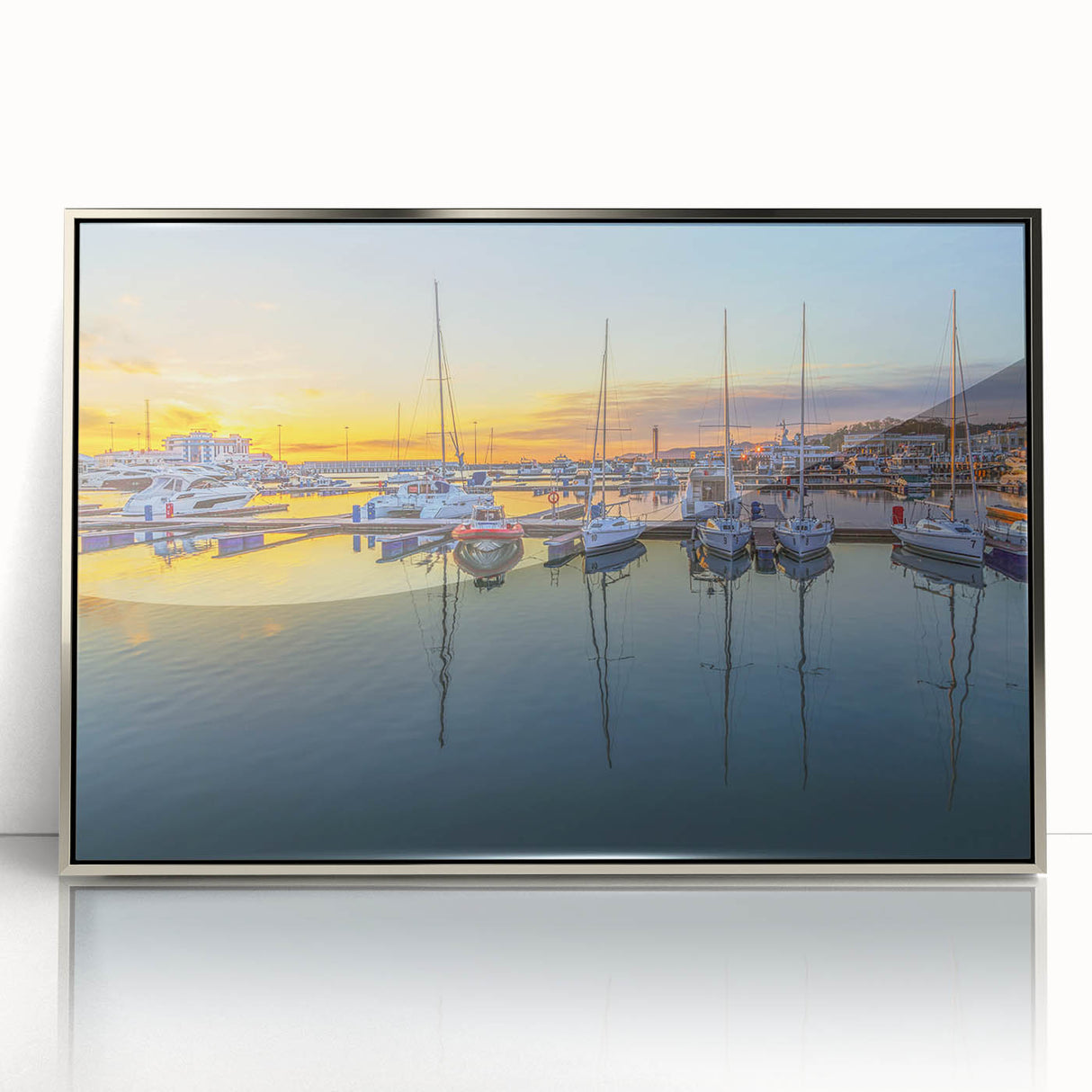 Large art print of Sochi scenery, mid-century modernist style in silver framed acrylic, suitable for modern art wall decor.