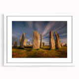 Textured abstract art print of a Scottish landscape in muted green and blue hues, framed with a white mat.