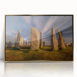 Art deco poster of a Scottish landscape in muted gold tones, acrylic framed, suitable for modern art wall decor.