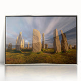 Acrylic print of a Scottish landscape in muted green and blue tones, framed in silver, suitable for modern art wall decor.