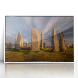 Mid-century modernist art featuring a serene Scottish landscape in muted green and blue tones, framed acrylic.