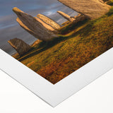 Art deco poster of a scenic European landscape in muted green and blue tones on rolled canvas, ideal for dining room decor.