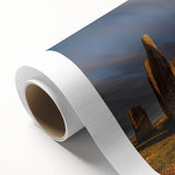 Art deco poster of a serene Scottish landscape on rolled canvas, featuring soft green and blue tones.