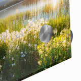 Large abstract wall art of a European scenery in Slovakia, in muted blue and green tones on acrylic glass.