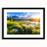 Extra large abstract art print of a colorful European scenery on textured canvas, framed in black.