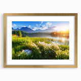 Abstract art print of a European scenery in muted green and brown tones, framed in gold, suitable for dining room decor.