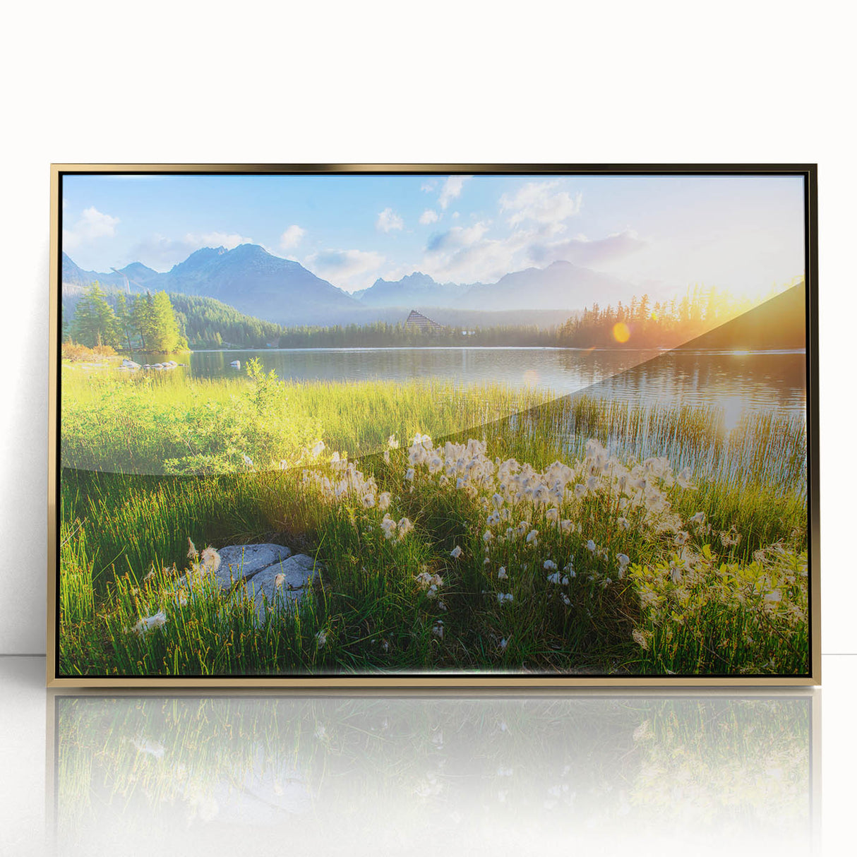 Art deco poster of a European scenery in Slovakia, framed acrylic with gold tones, suitable for modern nursery decor.