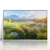 Mid-century modernist art depicting a European scenery in Slovakia, framed acrylic with white border.