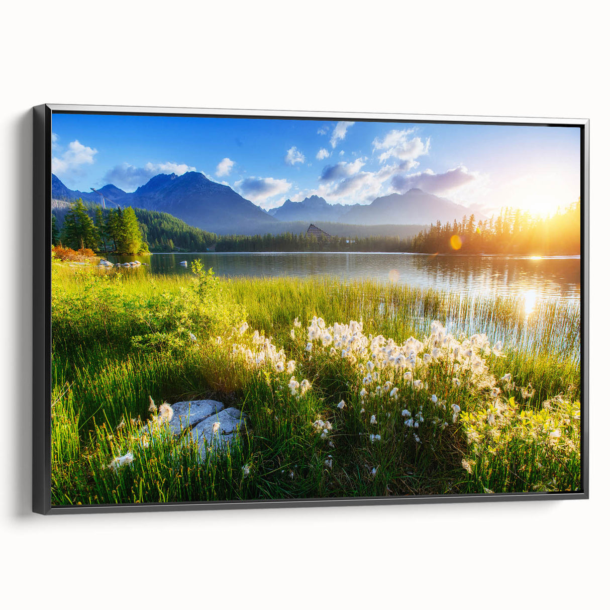 Black and white landscape art painting of a European Slovakian scene on a framed canvas, ideal for bedroom wall decor.