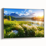 Landscape art painting of a European scenery on framed canvas, featuring vibrant colors on a black background.