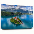 Acrylic print of a Slovenian landscape, featuring lush greenery and a calm lake, ideal for dining room decor.