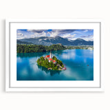 Extra large abstract art print of a European landscape in muted earth tones, displayed in a white frame with mat.