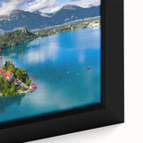 Close-up of a textured black wall art depicting a vibrant Slovenian landscape on a framed canvas.