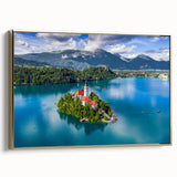 Framed canvas landscape art painting depicting a colorful Slovenian village, ideal for enhancing living room decor.