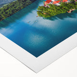 Art deco poster of a Slovenian landscape, featuring soft pastel hues on rolled canvas, ideal for dining room wall art.