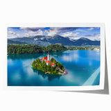 Extra large rolled print depicting a scenic view of a Slovenian landscape, with vibrant green and blue tones.