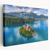 Scenic view of a Slovenian landscape on a large stretched canvas, featuring green fields and blue skies.