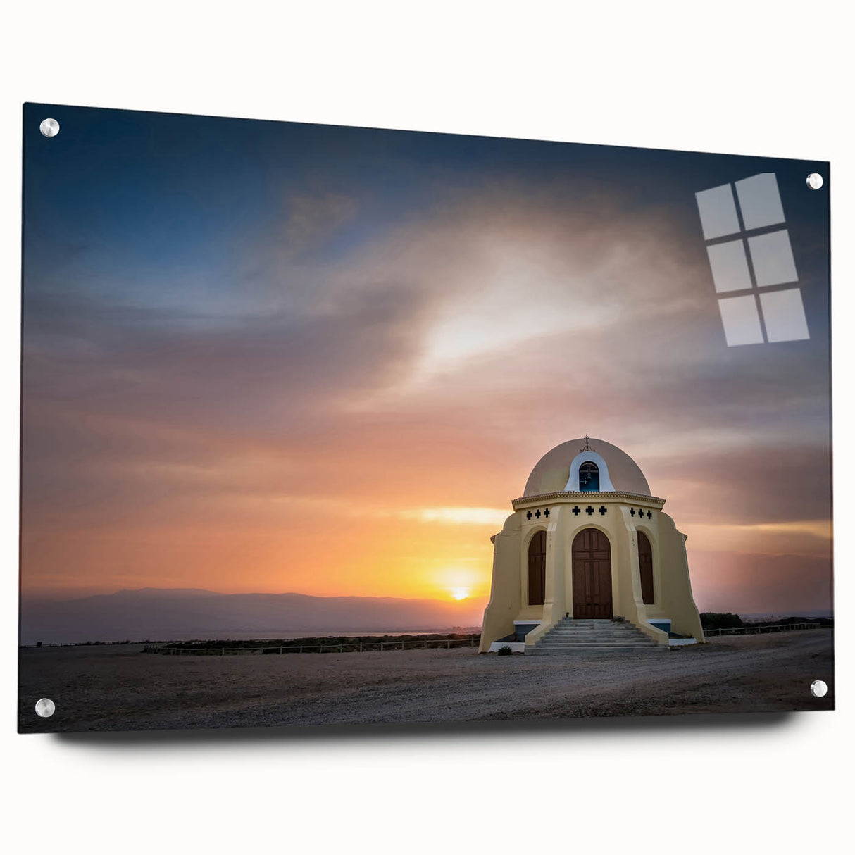 Abstract landscape of Andalucia, Spain in muted earth tones on acrylic glass, suitable for dining room or bedroom decor.