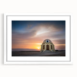 Extra large abstract art print depicting a textured Andalusian landscape in muted earth tones, framed in white.