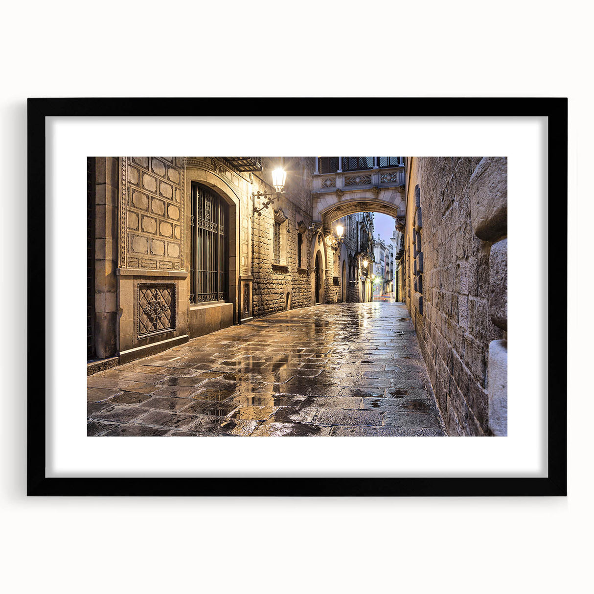Extra large abstract art print of colorful, textured Barcelona scenery on a black framed canvas, ideal for living room decor.