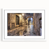 Textured abstract art print of Barcelona scenery in muted earth tones on a framed white mat, ideal for bedroom art.