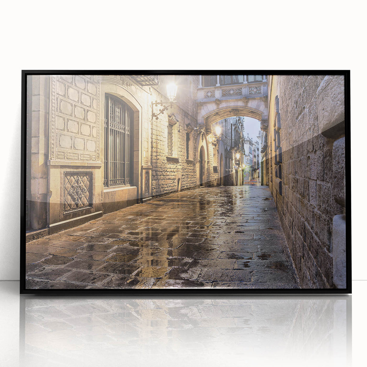 Large abstract wall art depicting the Barcelona skyline in muted gray tones on a framed acrylic print.