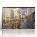 Large art print of Barcelona scenery in muted colors on a silver-framed acrylic, suitable for modern art wall decor.