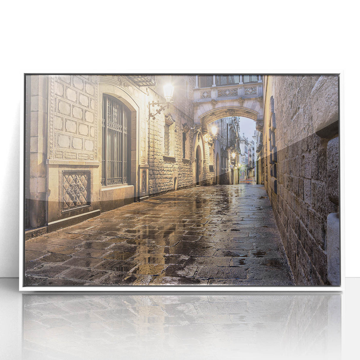 Mid-century modernist art of Barcelona skyline with muted blue and orange tones on a framed acrylic print.
