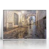 Mid-century modernist art of Barcelona skyline with muted blue and orange tones on a framed acrylic print.