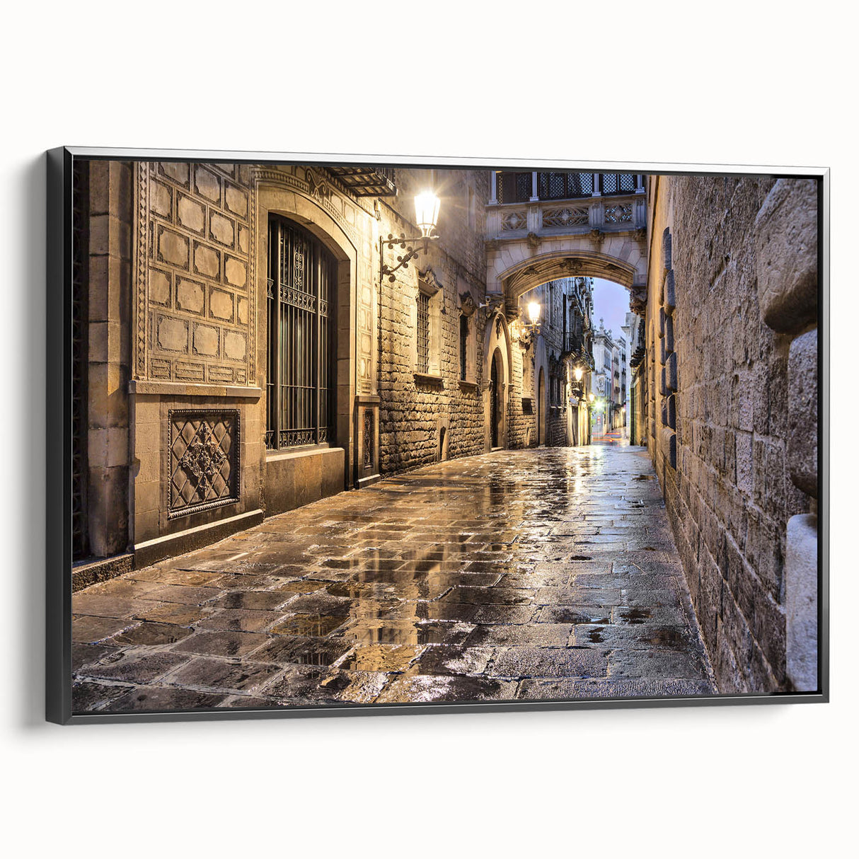 Black and white framed canvas of a vintage Barcelona landscape, suitable for bedroom decor.