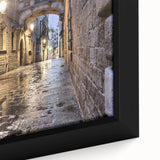 Extra large framed canvas of a textured Barcelona scenery in black with vibrant, colorful accents.
