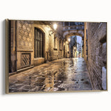 Framed canvas of a vintage-style Barcelona landscape with muted earth tones, ideal for bedroom wall art.