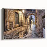 Landscape art painting of Barcelona featuring colorful vintage-style imagery on a black framed canvas.