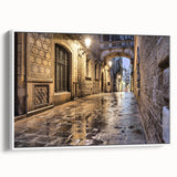 Vintage poster art of Barcelona scenery in colorful hues on a large framed canvas, ideal for living room decor.