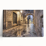 Black and white large art print of Barcelona scenery on stretched canvas, suitable for kitchen wall art.