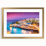 Abstract art print of a European scenery in muted earth tones, framed in gold, ideal for dining room decor.