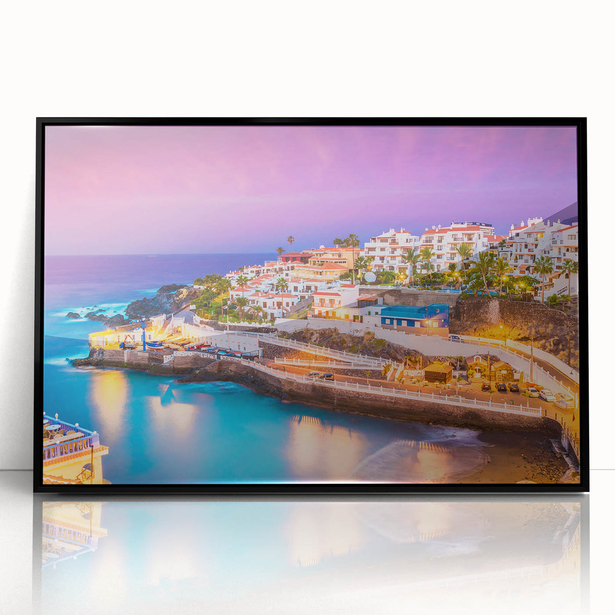 Large abstract wall art depicting a vibrant, colorful European scenery on black-framed acrylic.