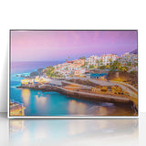 Mid-century modernist art depicting the Canary Islands in muted blue and white tones, framed in acrylic.