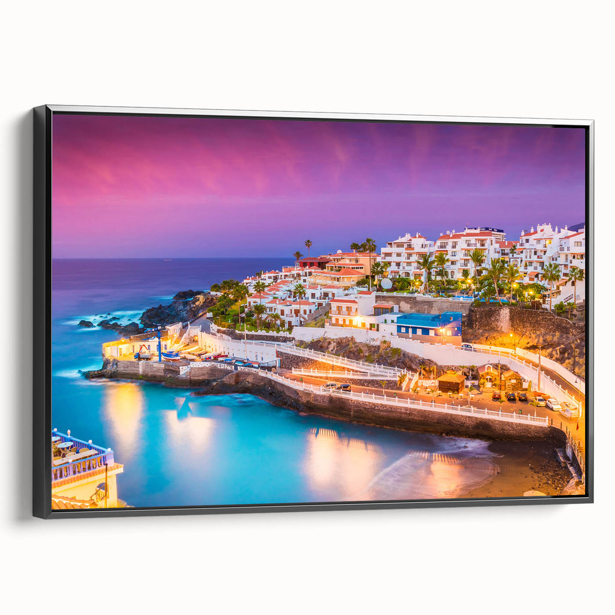 Black and white framed canvas featuring a vintage landscape of the Canary Islands, ideal for bedroom wall decor.