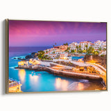 Framed canvas of a vintage-style landscape painting depicting the Canary Islands, featuring muted gold and black tones.