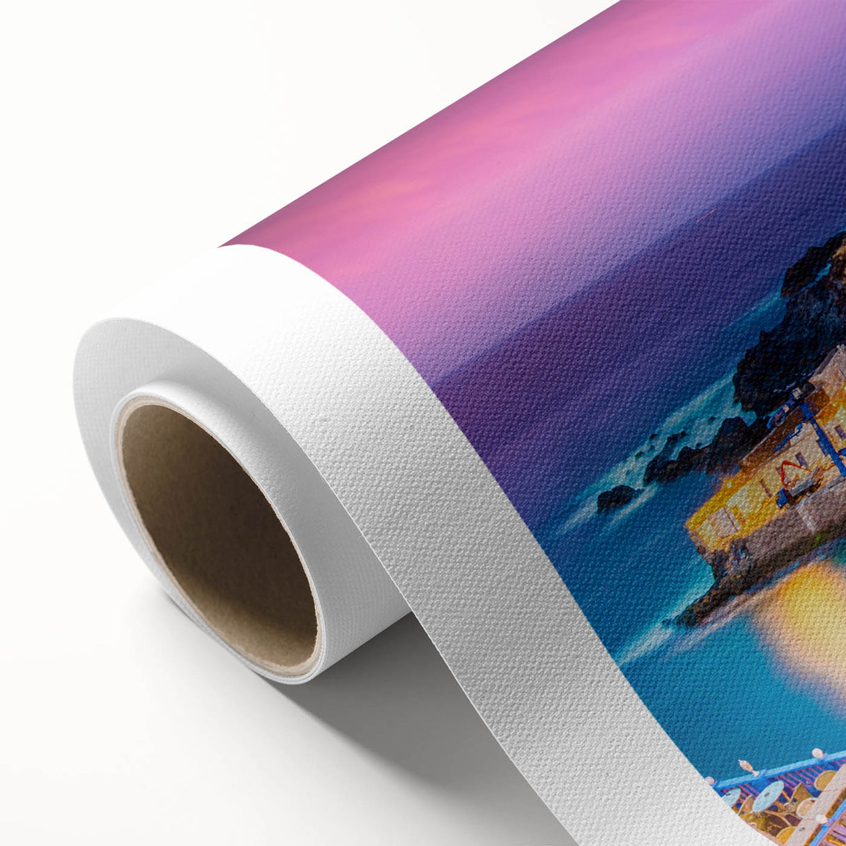 Art Deco style poster of a European scenery in pastel shades on rolled canvas, ideal for nursery wall art.