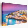 Large stretched canvas depicting a vibrant European scenery with vivid blue and green tones, ideal for kitchen wall art.