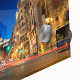 Large abstract depiction of Madrid skyline in muted earth tones on acrylic glass, suitable for dining room art.